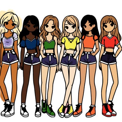 a group of girls wearing crop tops and shorts