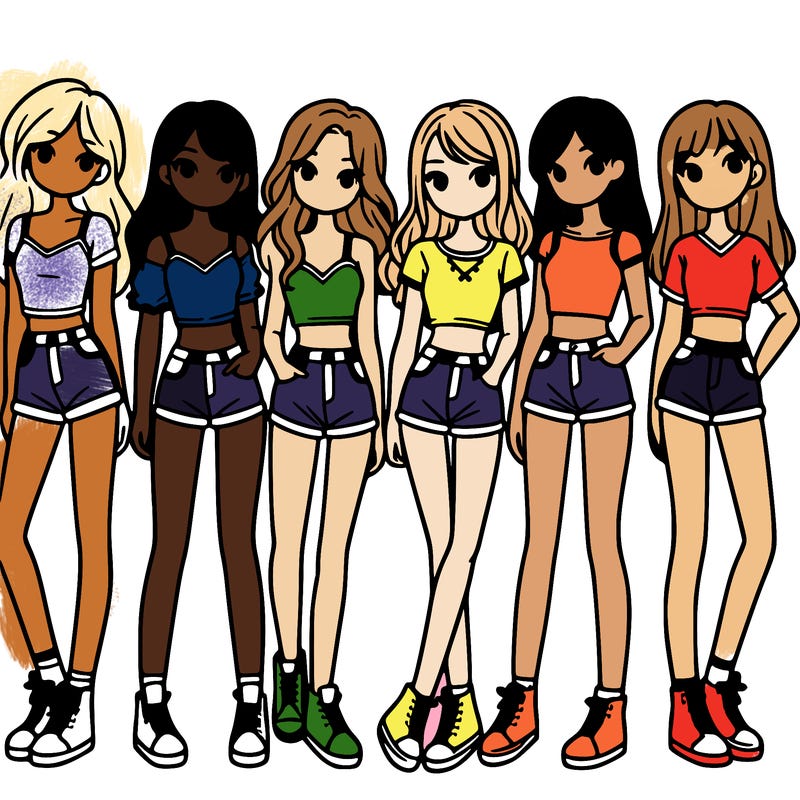 a group of girls wearing crop tops and shorts