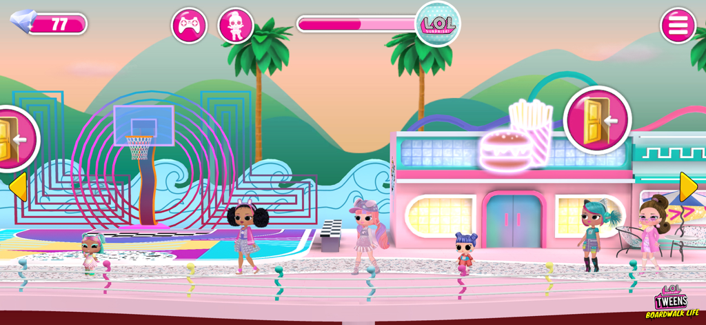 L.O.L. Surprise Tweens 캐릭터들이 농구 코트와 핑크색 다이너가 있는 글리터 시티 보드워크를 걷고 있는 모습