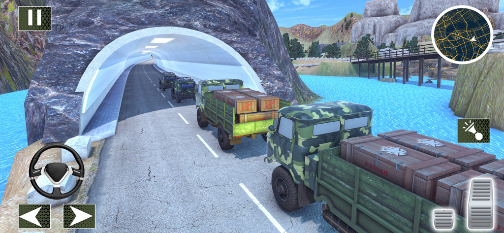 Military Cargo Truck Transport - A convoy of camouflage military trucks transporting cargo crates through a tunnel in a mountain landscape.