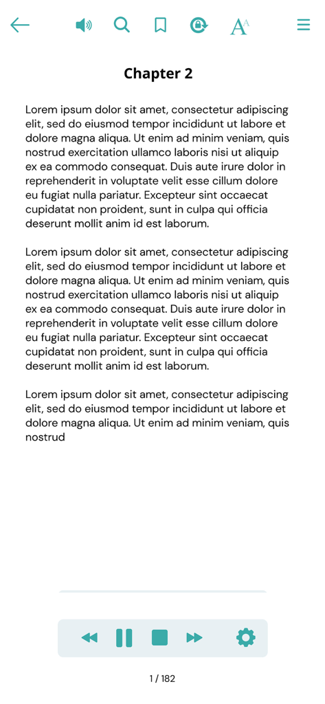A screenshot of the Academic Reader app showing a chapter of text with navigation and audio playback controls