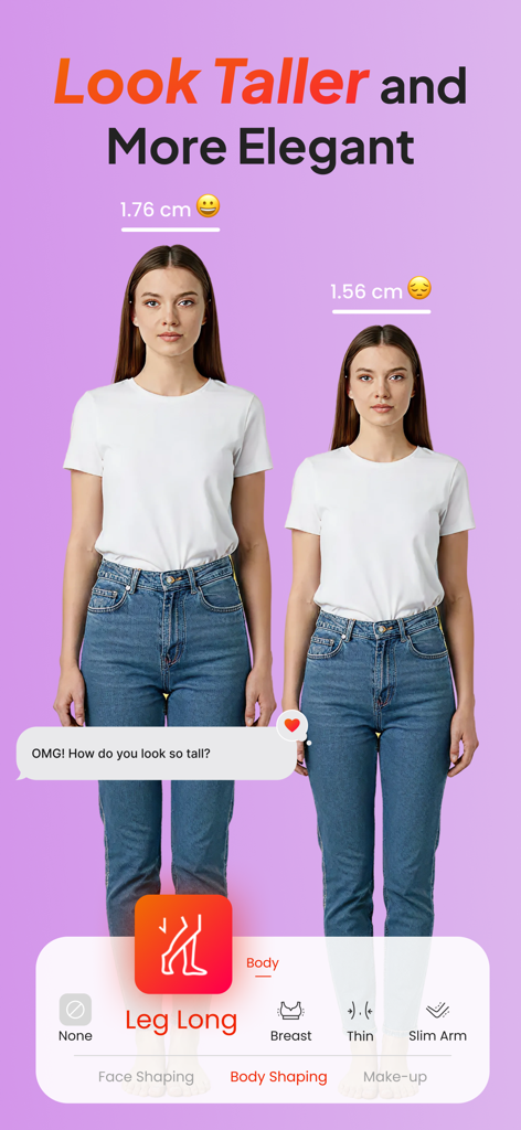 BodyUp: Body Shape Editor - Before and after comparison of a woman using the leg lengthening feature to look taller and more elegant in the BodyUp app.