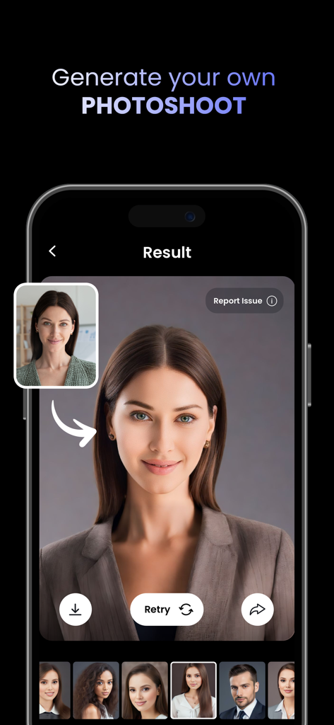 Headify: AI Headshot Generator - A professional AI-generated headshot of a woman in a suit on the Headify app interface