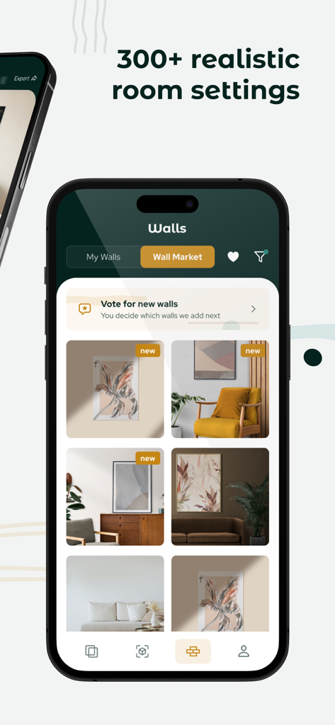 WallPictureApp: Show Anything - Una interfaz de aplicación móvil que muestra una galería de entornos de salas realistas para maquetas de arte digital.