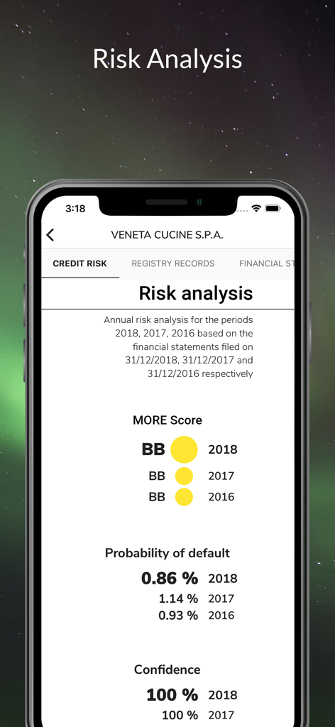 Un rapport d'analyse des risques pour une entreprise dans l'application s-peek montrant les scores de crédit et la probabilité de défaut