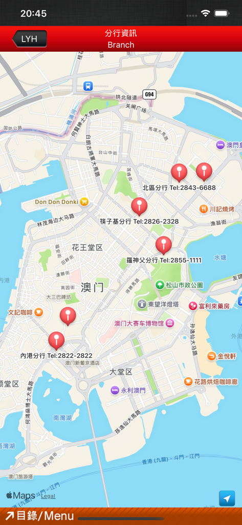 LYH - Map view of Luen Ying Hong branch locations in Macau with contact numbers