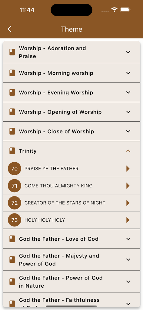 SDA Hymnal with music - A list of hymn categories and themes in the SDA Hymnal app including Trinity and Worship sections.