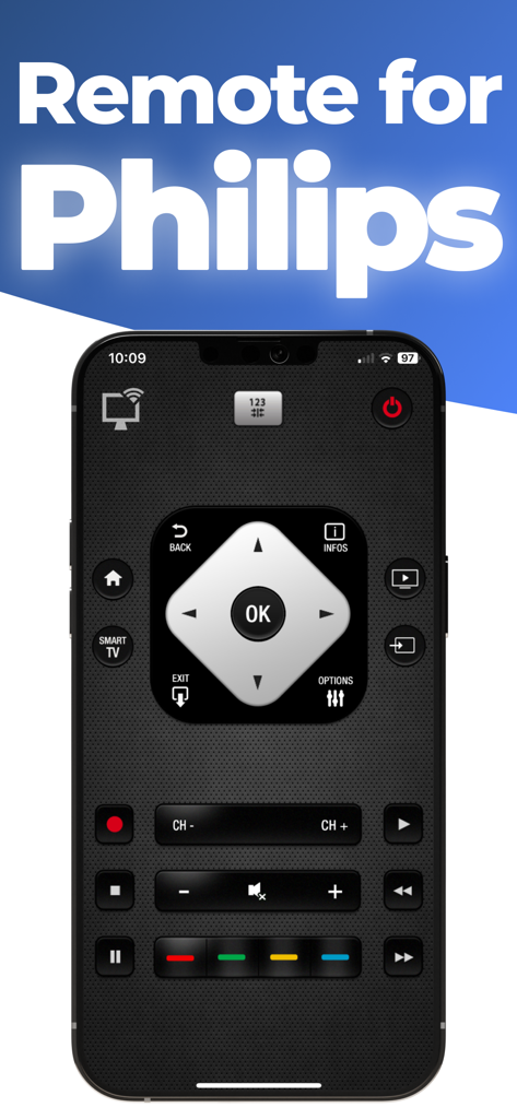Phil : tv remote - Smartphone mostrando una interfaz de control remoto virtual realista para televisores inteligentes Philips
