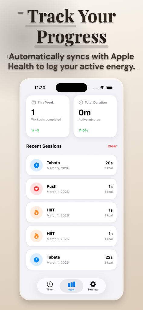 Interval Timer: Tabata Timer - Pantalla de seguimiento del progreso del entrenamiento que muestra sesiones recientes e integración con Apple Health