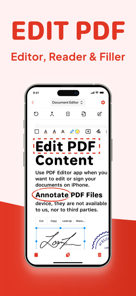 PDF編集の注釈とデジタル署名ツールを表示するスマートフォンの画面