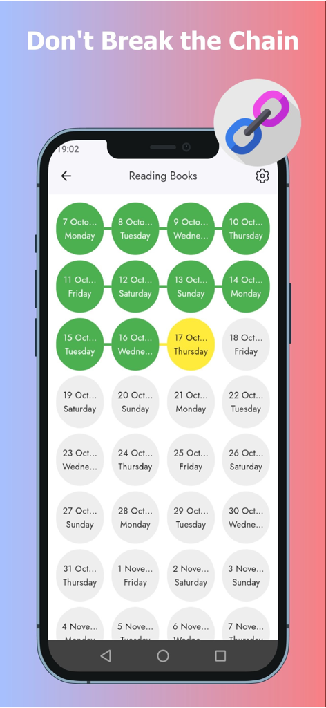 책 읽기에 대한 완료된 연속 기록이 있는 Wipepp 앱의 '체인을 끊지 마세요' 습관 추적 달력 인터페이스.