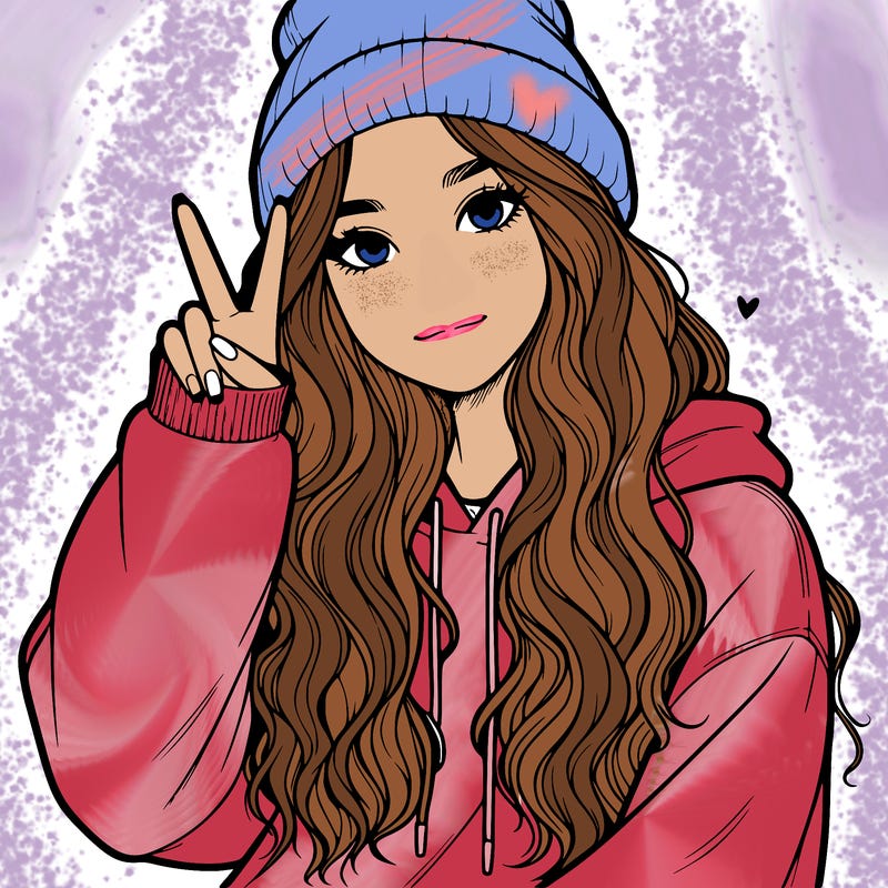 a teenage girl in a beanie, oversized sweatshirt, wavy long hair, and is showing a ✌️