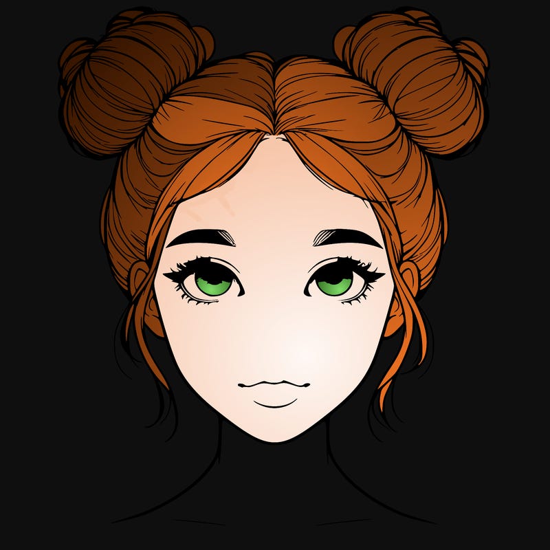 realistic girl with two buns on top of her head