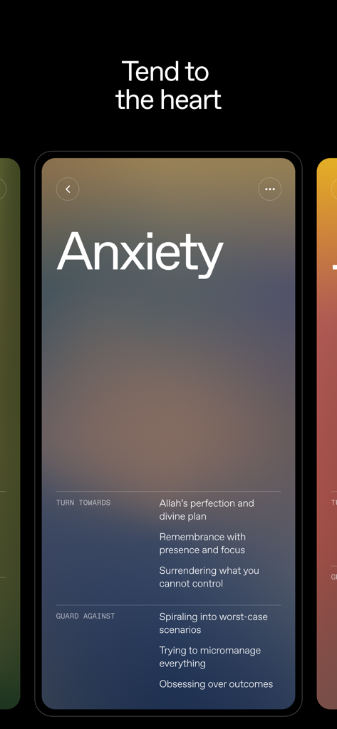Behold: Experience Islam - Una pantalla de la aplicación Behold titulada Ansiedad que proporciona orientación espiritual sobre atención plena y salud emocional.