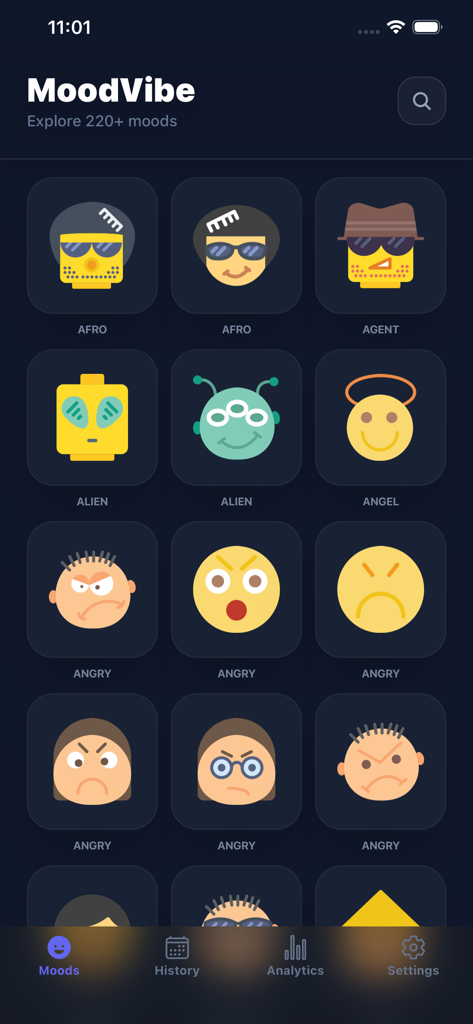 Mood Meter - Una cuadrícula de iconos de estados de ánimo expresivos que incluyen caras de alienígenas enojados y ángeles en un fondo oscuro dentro de la aplicación Mood Meter