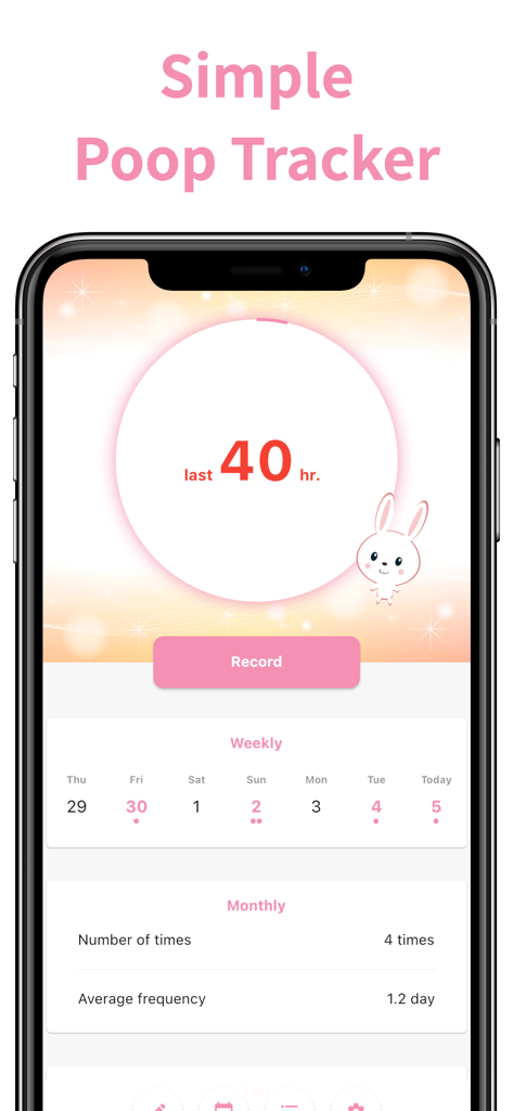 Home screen of the Poop Tracker Refreshing app featuring a record button and bowel movement frequency data