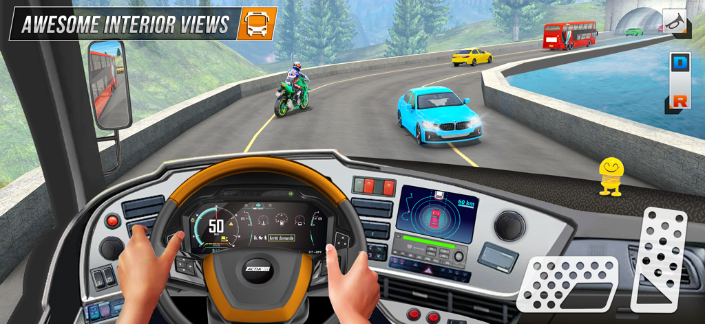 Bus Games : Driving Master 3D - Realistic first person bus cockpit view showing the steering wheel and dashboard while driving through city traffic