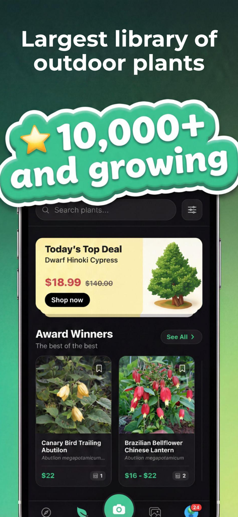 Sow: Garden & Landscape Design - Interface de l'application Sow montrant une bibliothèque de plus de 10 000 plantes d'extérieur avec des offres quotidiennes et des espèces primées.