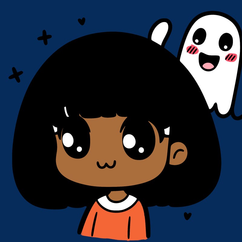 girl with bangs who has a cute ghost following her