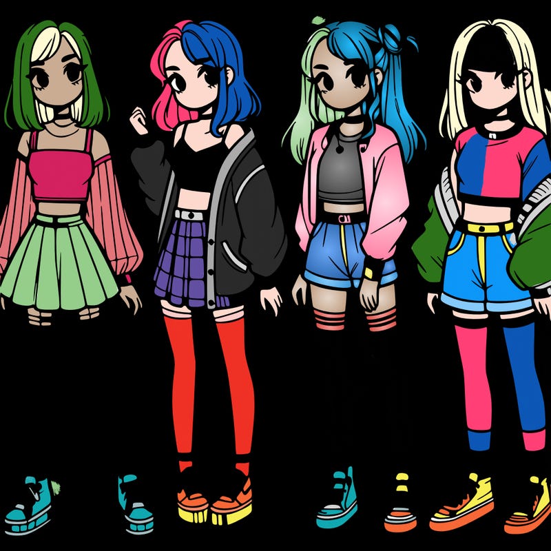 one girl with crop-top shirt and a jacket with a skirt, long socks and another girl with a shirt and pants with a jacket