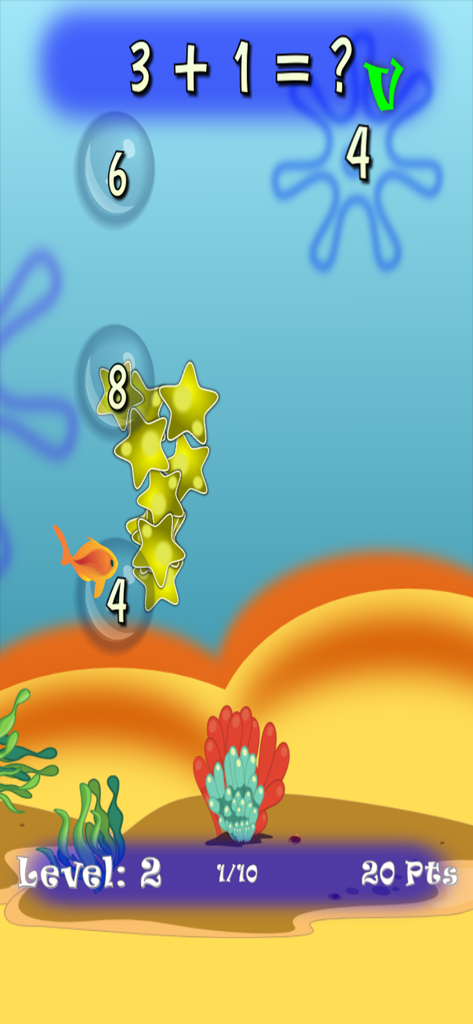 Fish Math Trainer - A screenshot of the Fish Math Trainer app showing a math addition problem in an underwater game environment