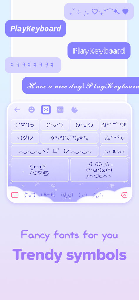 PlayKeyboard - Fonts, Emoji - Captura de pantalla de la interfaz de la aplicación PlayKeyboard con fuentes elegantes, símbolos de moda y una colección de kaomojis en un tema estético púrpura.