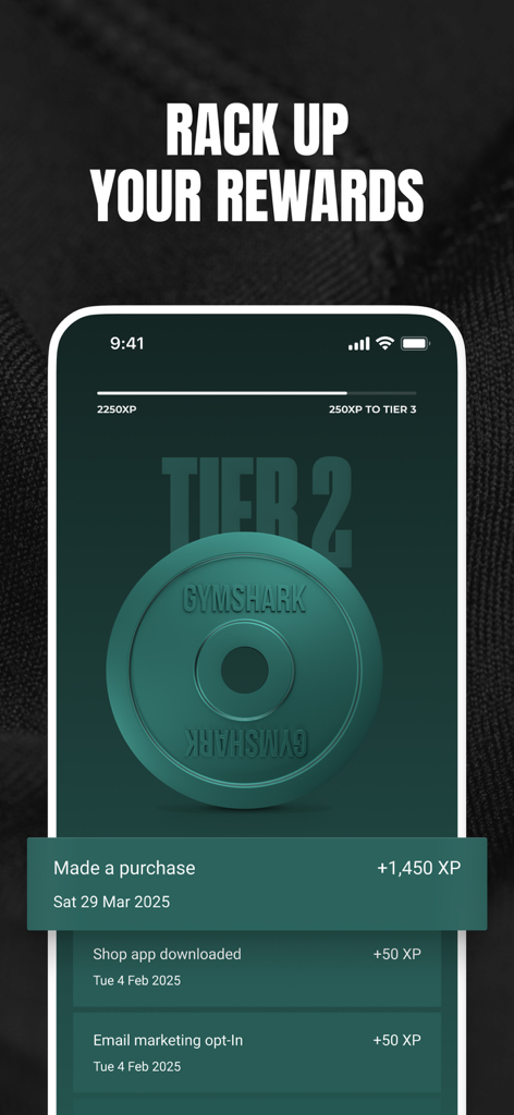 Gymshark app interface showing the loyalty rewards program with tier levels and earned XP points from purchases