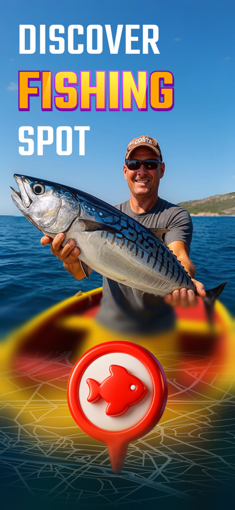 Fishing Spot Finder: Fish Mate - Ein Angler, der einen großen Fisch auf einem Boot mit einem roten Fischkarten-Pin-Symbol und dem Text "Angelplatz entdecken" hält