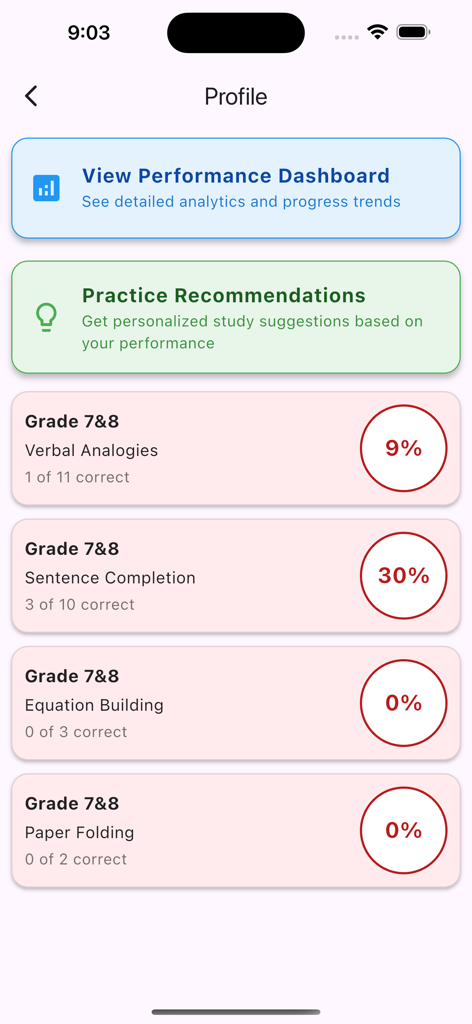 COGAT for Grade 7 & 8 - A profile screen in the COGAT app showing student performance statistics and practice recommendations for grade 7 and 8 test prep.