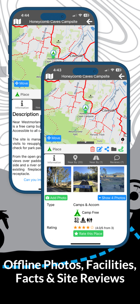 ExplorOz Traveller - Interface showing detailed offline information for a campsite with map location and user reviews.