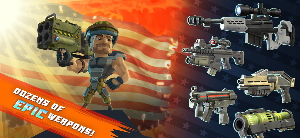 Major Mayhem 2: Action Hero - Major Mayhem character with a rocket launcher and a display of unlockable epic weapons.