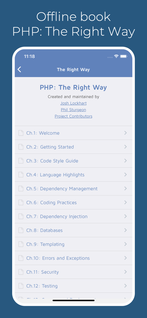 phpwin - Table of contents for the PHP The Right Way offline book within the phpwin app