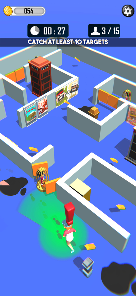 Hide and Seek Mini Games - Seeker character with a green detection field searching through a 3D maze in Hide and Seek Mini Games