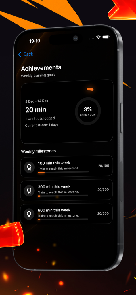 WínLine Momentum app achievements dashboard showing weekly training goals and milestones progress.