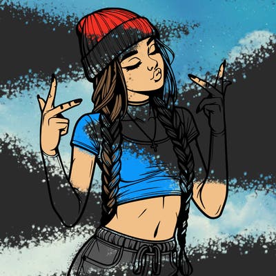 realistic teenage girl with braids and a beanie and crop top doing 🫶🏼