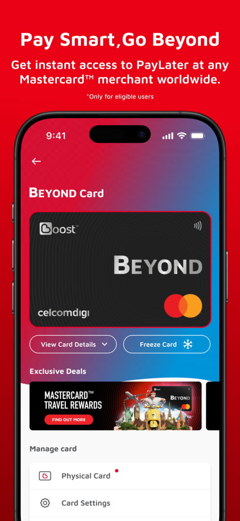 A mobile interface for the Boost App showing the BEYOND Card with options for PayLater and card management settings.