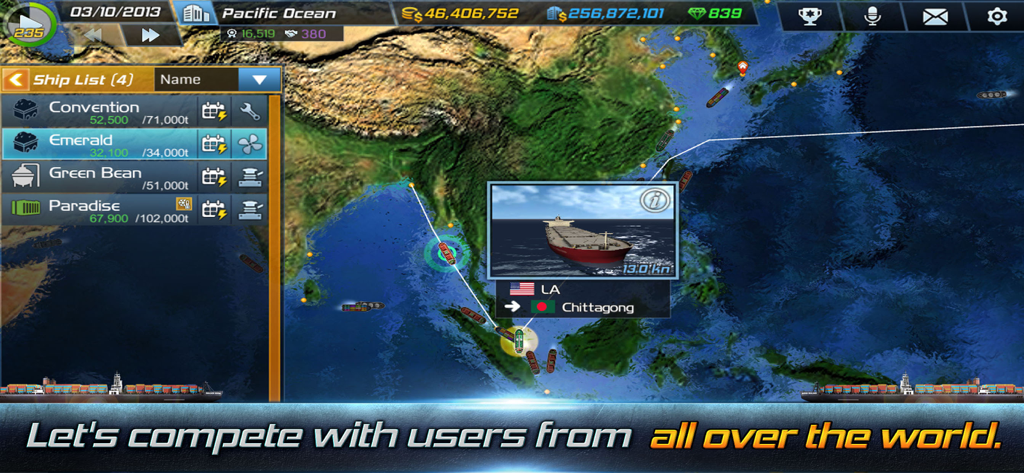 Ship Tycoon - Ship Tycoon gameplay showing global shipping routes and fleet management list on a world map