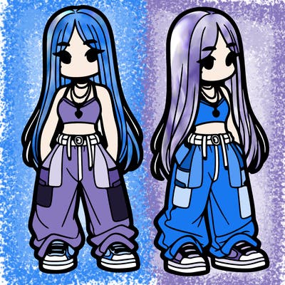 girl in baggy pants crop top and long hair