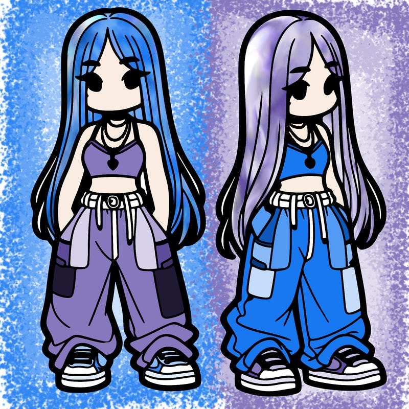 girl in baggy pants crop top and long hair