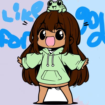 a excited chibi girl whith long hair and a baggy shirt whith a frog on there head