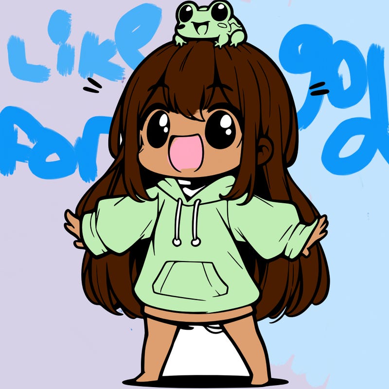 a excited chibi girl whith long hair and a baggy shirt whith a frog on there head