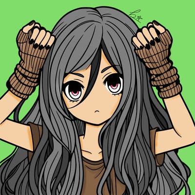 long haired girl with fingerless gloves
