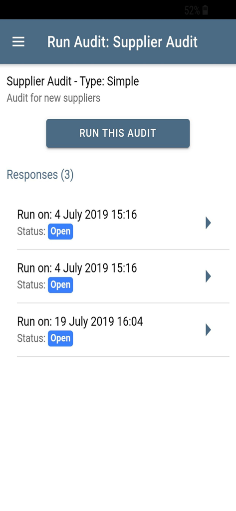MY Audits - MY Audits app screen for running a supplier audit with a list of past responses