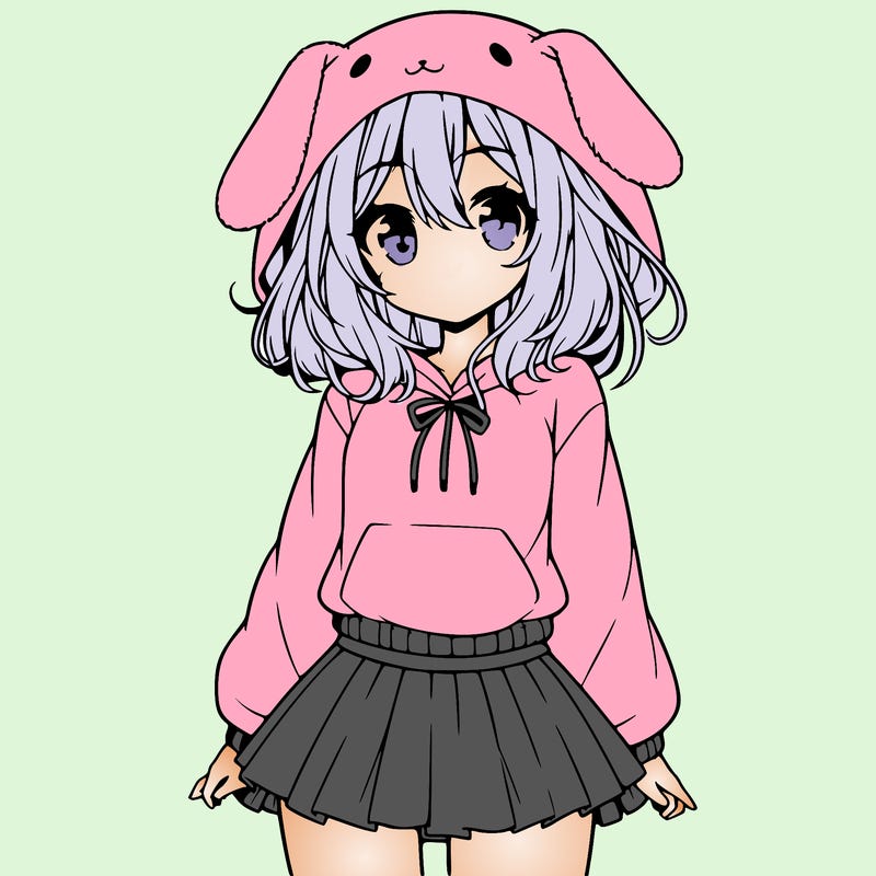 pretty anime girl wearing a fluffy hoodie with bunny ears on the hood and a skirt
