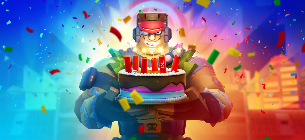 FRAG Pro Shooterの大きな筋肉質のカートゥーンキャラクターが、TNTスティックをキャンドルに見立てた誕生日ケーキをカラフルな紙吹雪の中で持っている