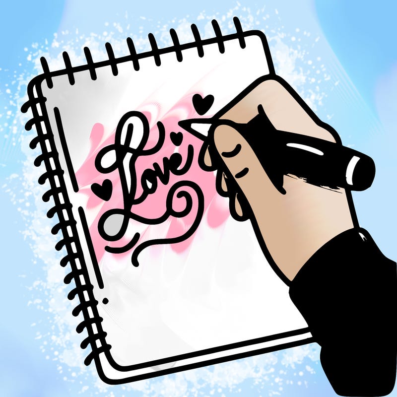 a hand writing “love” in calligraphy on a notebook