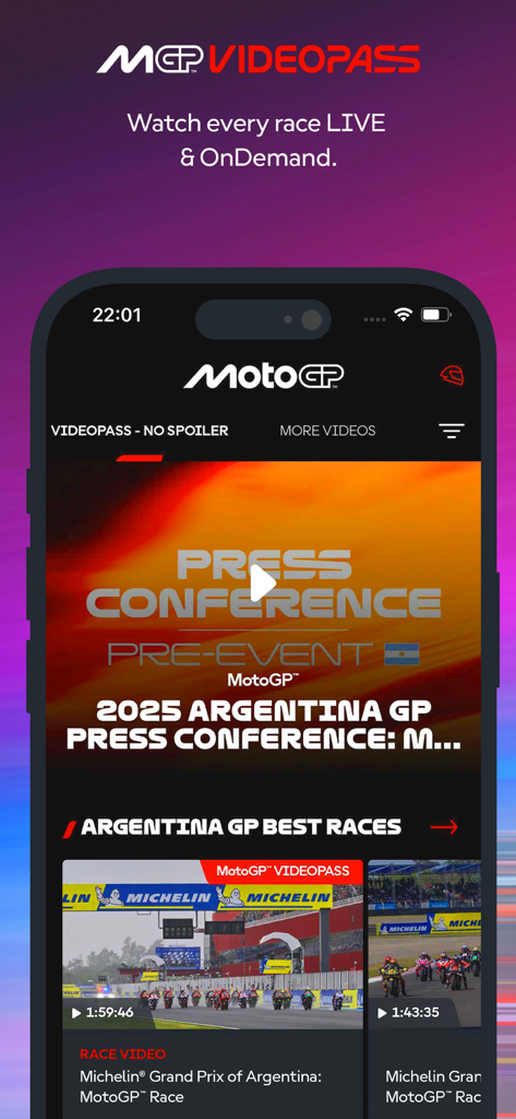 MotoGP VideoPass App On-Demand-Oberfläche mit VideoPass-Rennvideos und Live-Pressekonferenz-Inhalten