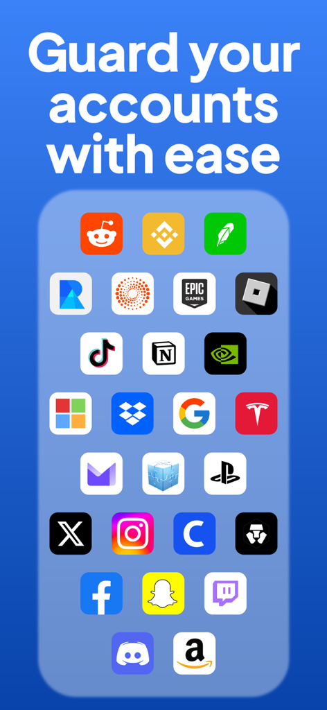 Authenticator App: 2FA, MFA - Interface do Aplicativo Autenticador mostrando compatibilidade com plataformas populares para proteção segura de contas