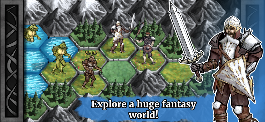 Paladin's Story: Fantasy RPG - Um personagem paladino em pé ao lado de um mapa de grade hexagonal apresentando vários monstros e terrenos de fantasia