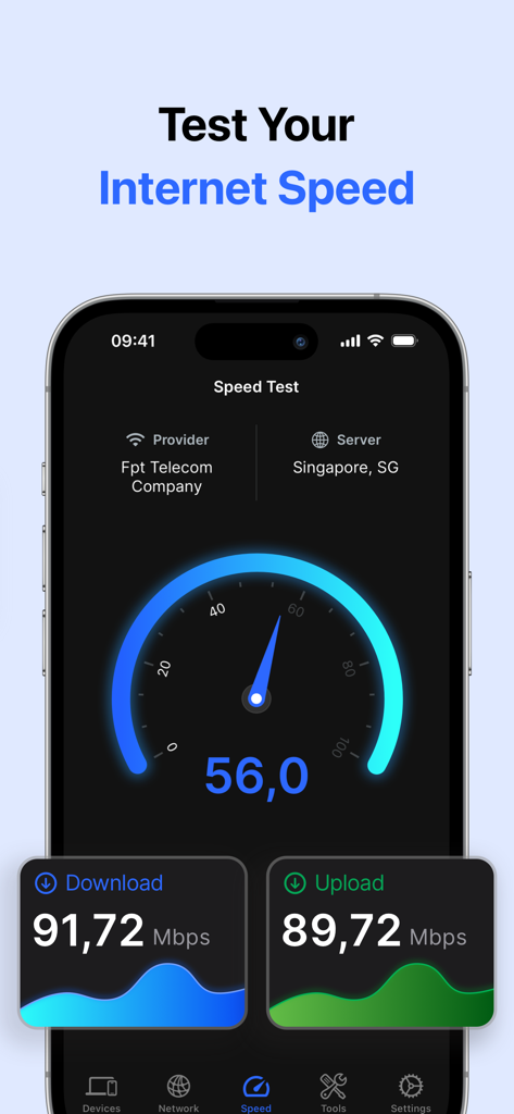 Oberfläche der Netzwerk-Scanner-App, die einen Internet-Geschwindigkeitstest mit Download- und Upload-Metriken anzeigt.
